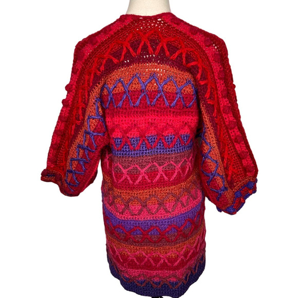 VINTAGE 60s XS Mod HAND KNIT Sweater Mini Dress $380 WOOL Puff Sleeves Red Blue - Picture 5 of 15